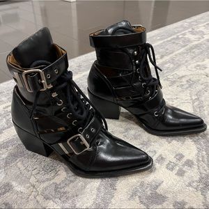 Chloe Black Leather Reilly 60 Buckle Embellished Ankle Boot